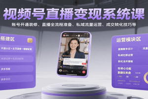 视频号直播变现系统课，账号开通装修、直播全流程准备、私域流量运营、成交转化技巧等