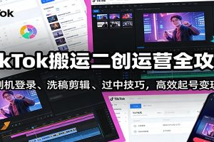 TikTok搬运二创运营全攻略:刷机登录、洗稿剪辑 、过中技巧,高效起号变现