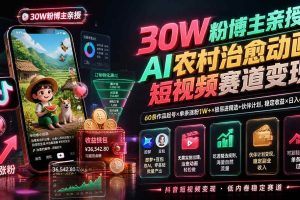 (19648期)30W粉博主亲授AI农村治愈动画短视频赛道变现:60条作品起号×单条涨粉1W+×极易进精选+伙伴计划,稳定收益×日入400+