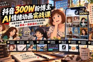 (20616期)抖音300W粉博主AI情绪动画实战课:从账号起号、脚本创作到AI生图视频,跑通精选+独家签约全流程
