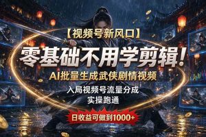 (20780期)【视频号新风口】零基础不用学剪辑!AI 批量生成武侠剧情视频,入局视频号流量分成,实操跑通,日收益可做到 1000+